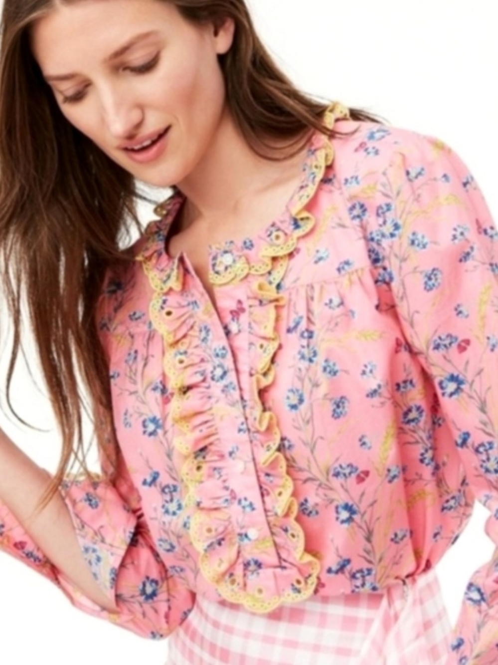 J. Crew Pink Floral Ruffle Button-Front Top with Yellow Eyelet Trim - Picture 7 of 7